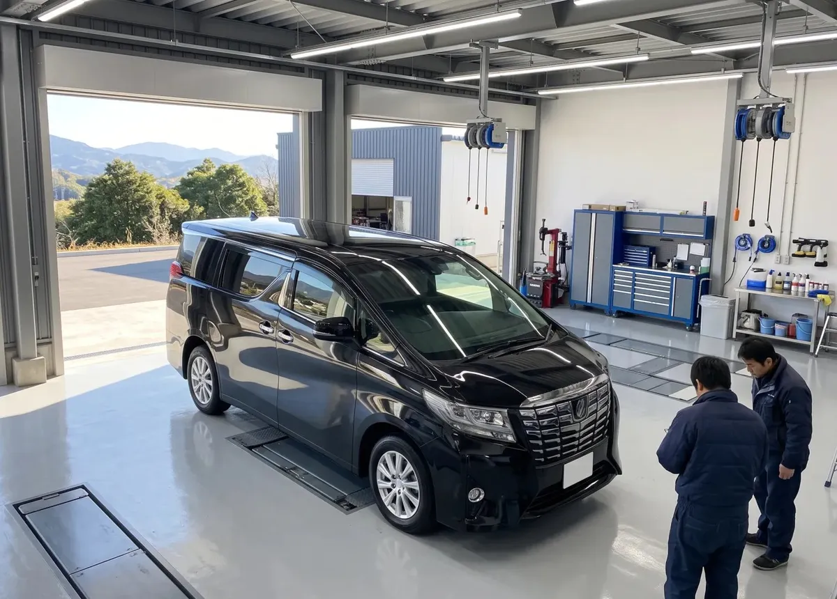 工場で車を前に話し合う2人のスタッフ